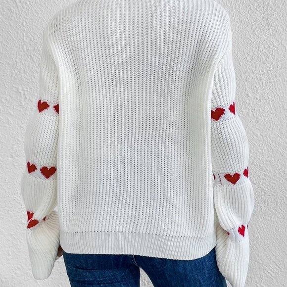 White Preppy Womens Heart Pattern Flounce Sleeve Sweater - Picture 2 of 5